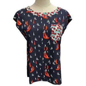ANTHROPOLOGIE XS Porridge Petani Pocket Tee Top Sail Boat Navy Nautical Blouse